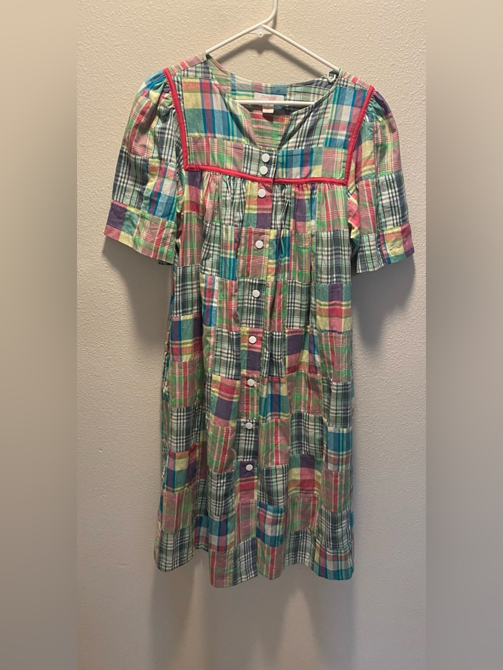 Go Softly Patio Lounge Dress Plaid Madras Patchwork Snap Front Pockets S